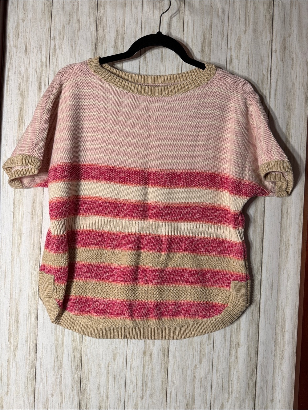 Chaps Pink and Cream Striped Short-Sleeve Knit Sweater
